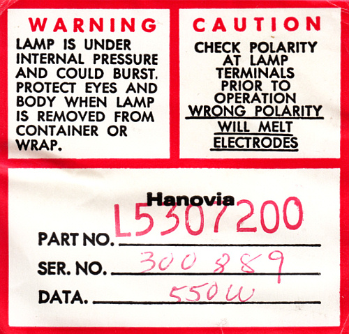 HANOVIA L-5307-200 550 W Xenon Short Arc Lamp