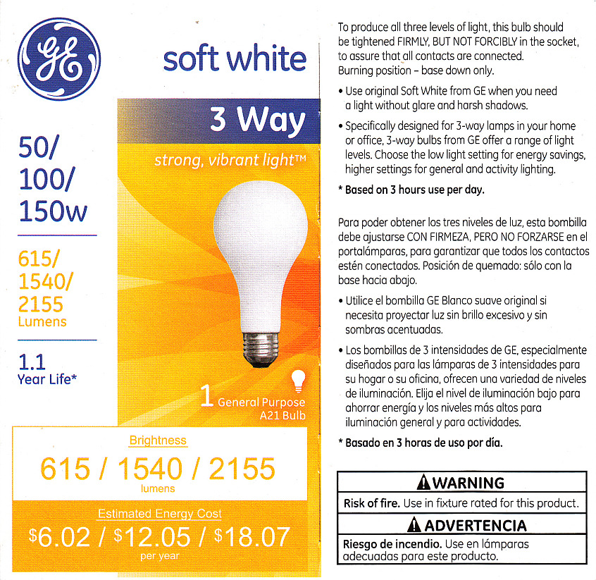 GE 50/100/150W 120V A21 Soft White 3 Way Bulb