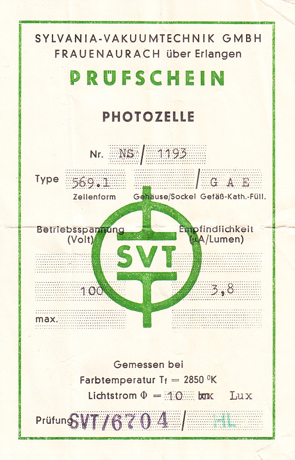 SYLVANIA-VAKUUMTECHNIK Photozelle Type 569.1/GAE