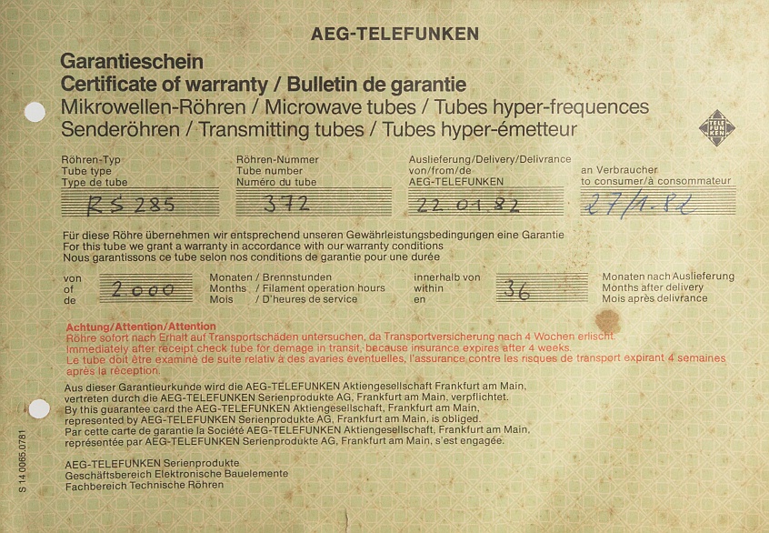 AEG-TELEFUNKEN RS285 Power Triode