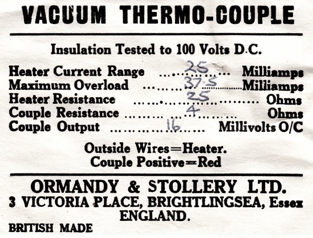 ORMANDY + STOLLERY TC-S-5 Standard Vacuum Thermocouple