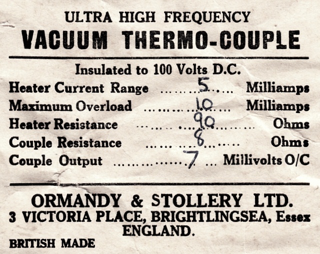 ORMANDY + STOLLERY TC-UHF-5 Acorn Vacuum Thermocouple