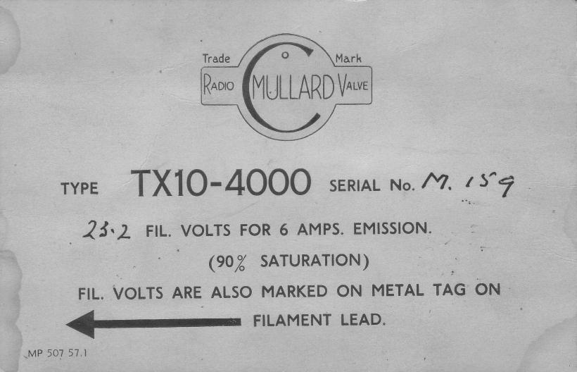 Mullard Silica Valve TX10-4000